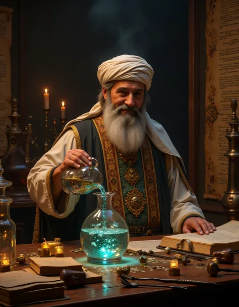 **Prompt:** Step into the enchanting realm of a ancient medieval alchemy laboratory, a sanctuary pulsating with the fervor of ancient scientific pursuit. Picture a labyrinth of ornate chemical glassware, vividly bubbling b liquid in alembics glass casting ...