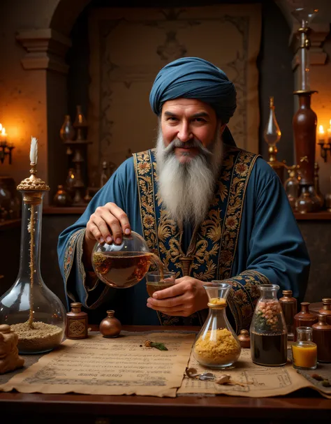 **Prompt:** Step into the enchanting realm of a ancient medieval alchemy laboratory, a sanctuary pulsating with the fervor of ancient scientific pursuit. Picture a labyrinth of ornate chemical glassware, vividly bubbling b liquid in alembics glass casting ...
