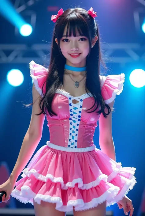 Create a highly detailed, realistic image of a young woman with long, dark hair styled with two small pink bows on either side. She is wearing a vibrant and transparent shinning glossy pink short dress that has a layered, frilly design with white ruffled e...