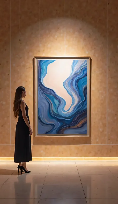 Artistic front photo of a hanging design frame with a woman next to each other in a fluid art exhibition in a famous contemporary art gallery    
