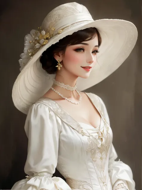 Smile、white dress and pearl hat,  victorian nobility , Exquisite nobility, victorian style costume, 1910s style, Arab woman wearing 1890s clothes, aristocratic attire ,  Beautiful Victorian Woman ,  wearing victorian clothes ,  Victorian Style Clothing , A...