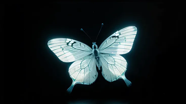 A butterfly under Xray, black background, Glowing a soft grey