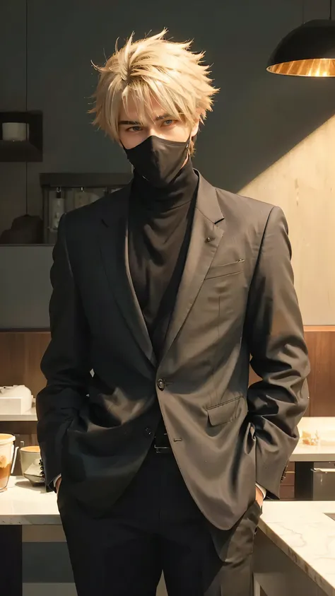 anime guy in a suit standing in a coffee shop, he is wearing a suit, dark suit, tall anime guy with blue eyes, as an anime character, wearing a black noble suit, wearing a turtleneck and jacket, male anime style, male anime character, in a strict suit, clo...