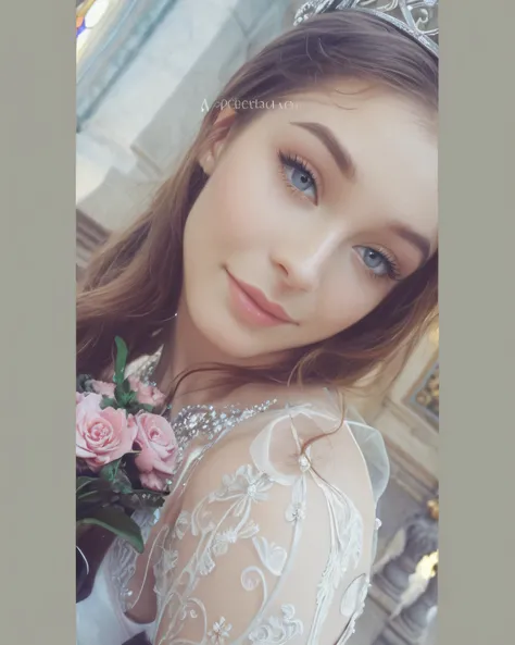 Beautiful white Caucasian woman wearing a light pink dress, wearing a golden crown, bring flowers, castle background, facing the camera with a faint smile