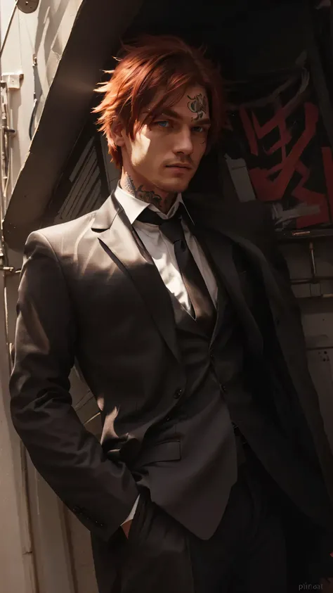 a man with red hair and blue eyes in a suit, in a strict suit, he is wearing a suit, badass style, tattoo on left forehead, thin black line around eye