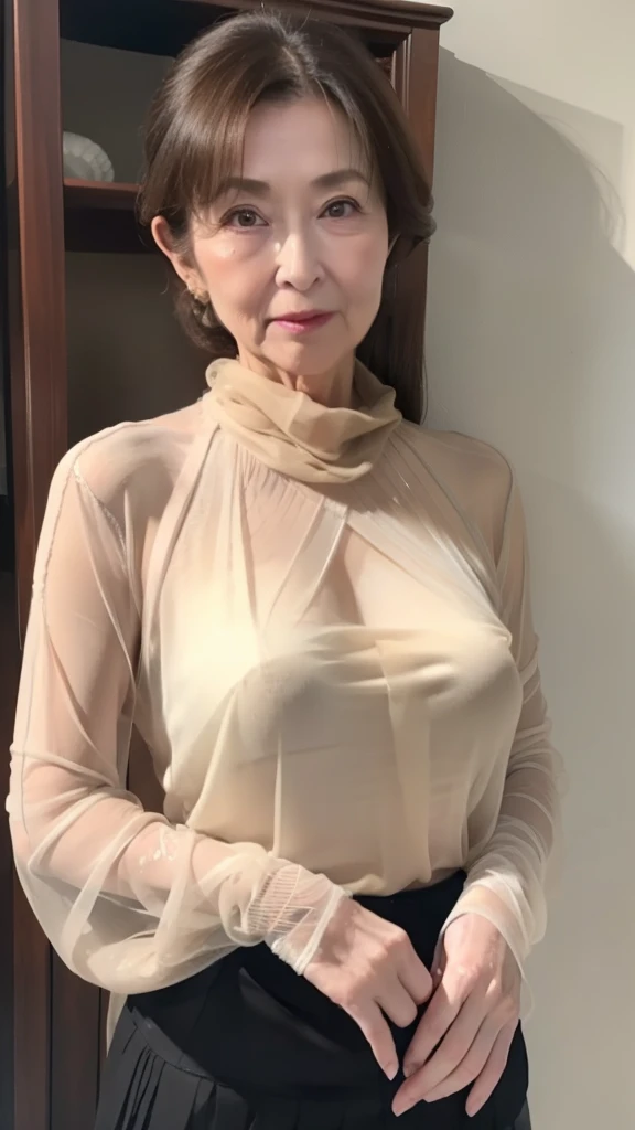  high image quality,  high image quality,   Attention to Details ,  masterpiece,   anatomically accurate ,  sharp, ((Japanese,Mature Woman)),(80 years old:1.5),(old woman:1.6),(( facial wrinkles)), Long light brown hair , bangs,(((stand up,))),View photogr...