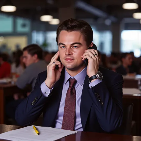 A man, who looks between 30 and 40 years old, has black hair, a short haircut, his hair is mostly back, he has white skin, Brown eyes, European features, a bit Italian, he sits on a chair, an office chair, with a dark brown wooden table, a shiny table, wit...