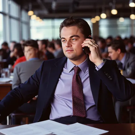 A man, who looks between 30 and 40 years old, has black hair, a short haircut, his hair is mostly back, he has white skin, Brown eyes, European features, a bit Italian, he sits on a chair, an office chair, with a dark brown wooden table, a shiny table, wit...