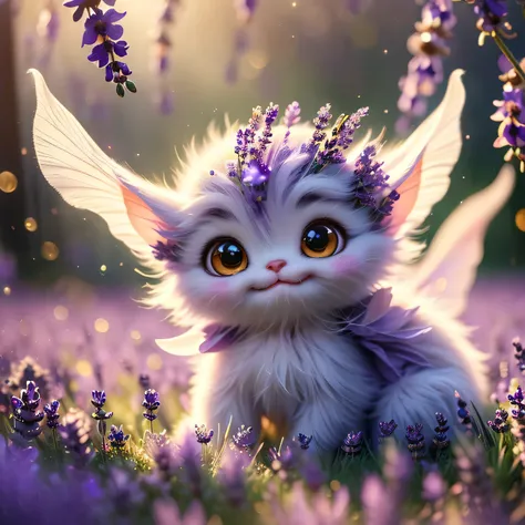 whimsical airbrush and oil painting, best angle of a Very cute mythical graceful transparent anthropomorphic lavender critter holds lavender, thin arms, fragile thread legs, lavender spirit, Mystical field where lavender grows in a professional photograph ...