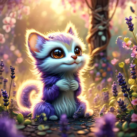 whimsical airbrush and oil painting, best angle of a Very cute mythical graceful transparent anthropomorphic furry creature holds lavender, thin arms, fragile thread legs, lavender spirit, Mystical garden where lavender grows in a professional photograph b...