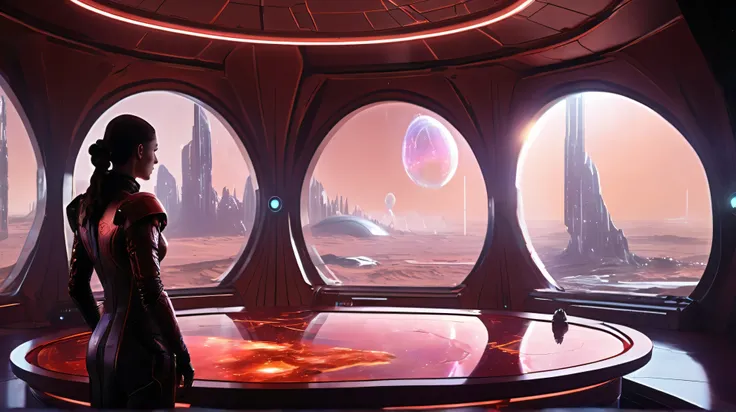 A sterile Council chamber with glass walls overlooking New Eden’s domed city on Mars, red dust outside. Commander Elena Voss, stern and imposing, briefs around a glowing hologram of Project Erebus—a lab with grotesque creatures in vats. Kael grips the Nova...