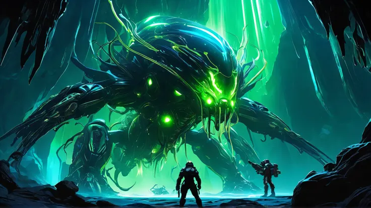 A dark Martian ice cave, Core Mind-a massive glowing brain-suspended by bio-tendrils, pulsing ominously. Kael teleports mid-air in his ExoSuit, Gauntlet firing shockwaves at swarming Scythelings with glowing wings. Jaxon snipes with Widowmaker, Hydra Prime...