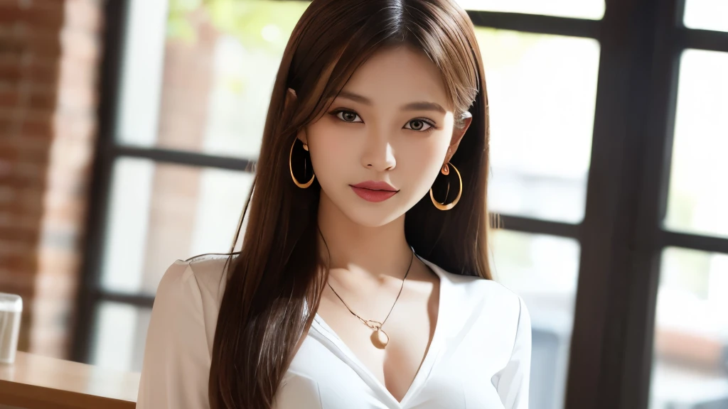 Best Quality、Hi-Res、8K wallpaper、Thick and beautiful idea hair 、(Beautiful breasts:1.3)、Natural Colored Lips、20歳のwoman、woman、brown hair、Straight face、semi-long hair、Hair tied up、wearing necklaces and earrings、indoors、 company uniform at the company recepti...