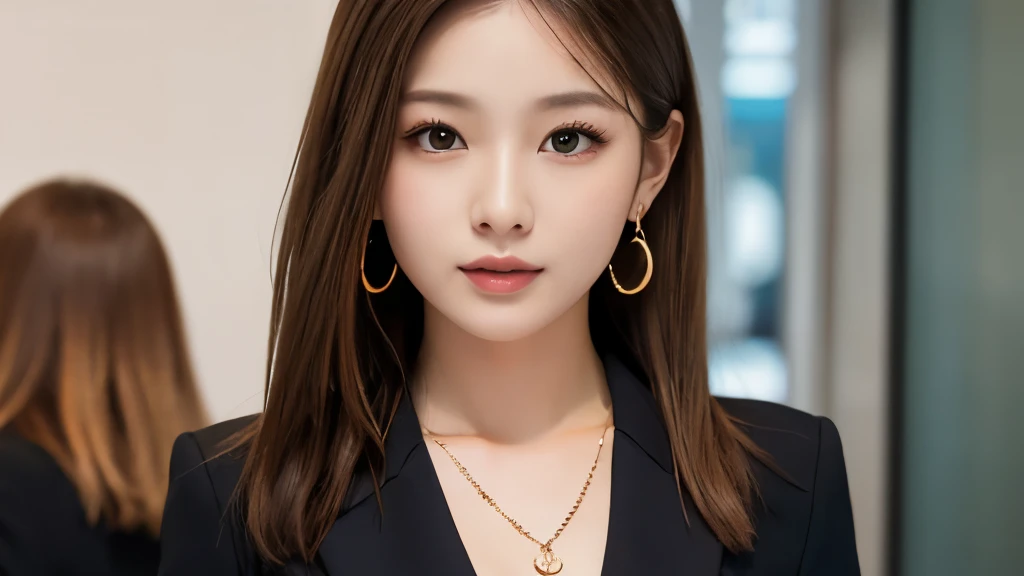 Best Quality、Hi-Res、8K wallpaper、Thick and beautiful idea hair 、(Beautiful breasts:1.3)、Natural Colored Lips、20歳のwoman、woman、brown hair、Straight face、semi-long hair、Hair tied up、wearing necklaces and earrings、 company uniform at the company reception、Weari...