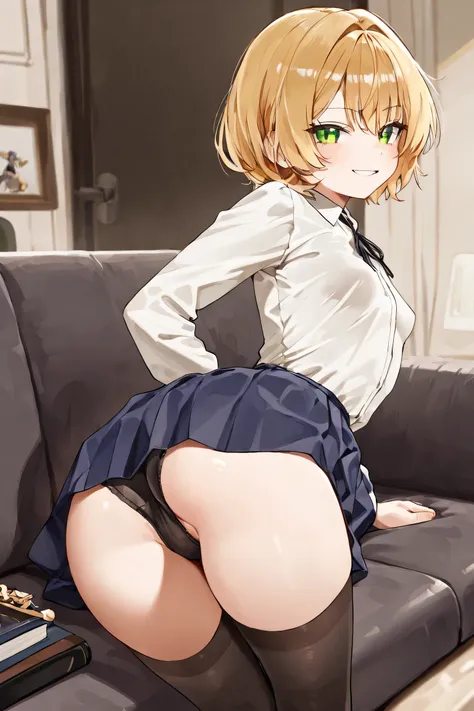 A slender girl with a lithe body lying on the couch. Her hair is short cut and blonde, complementing her emerald eyes. Standing at 165 cm, she's neither petite nor statuesque, but somewhere in between, and her figure shows off subtle curves that betray her...