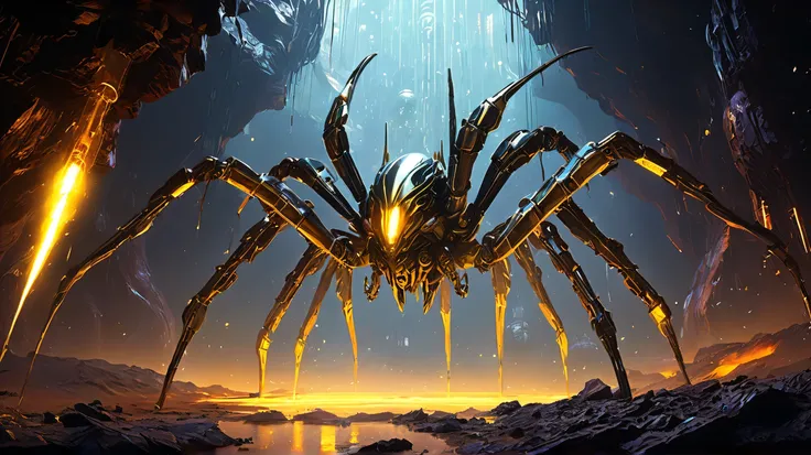 A vast Martian cavern, Titan Scourge-a 30- meter spider-like Xenoform with liquid-metal legs and plasma-saws-roars, yellow eyes glowing. Kael teleports, Gauntlet striking, Nyx fires Void Rifle, Rex and Vara plant bombs, Nova Shard explodes in a white blast...