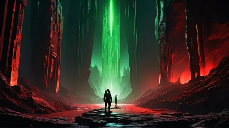 A towering black metal door with glowing runes in a Martian cave, Jaxon presses his nano-arm to unlock it. Beyond, a sprawling bio-tech city-flesh towers, glowing bridges-Erebus Prime's red core pulses at the center. Kael, Nyx, and team prepare, cyberpunk ...
