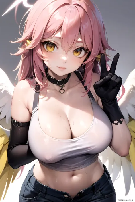 jibril, BREAK jibril, angel, angel wings, collar, animal ears, bird ears, compass rose halo, belly button, feathered wings, feathers, gradient hair, halo, long hair, low wings, multicolored hair, pink hair, symbol-shaped pupils, breast tattoos, shoulder ta...