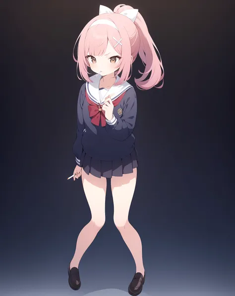 Masterpiece, High Details, 1girl, angry, tsurime, standing pose
Head:  
The character has pink hair that ponytail. The bangs are swept slightly to the side, and she wears a white hairband with a ribbon on top of her head. The ribbon extends long on both si...