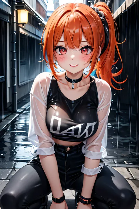 (3D Real Photo:1.3),Solo Girl,Back alley in heavy rain, Bad Girl Getting Drenched,earrings, Punk Rock Fashion, Punk Rock Shirt with Chain , Punk Rock Pants with Chains ,choker,(the whole body is soaked,Rain dripping from my face,wet face, Get Your Hair Wet...