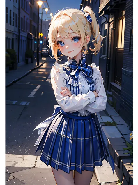 (masterpiece),(Best Quality:1.2),((perfect anatomy)),((cross your arms around your back)),(1 girl),(flat chest),Best Quality,(royal blue white plaid mini skirt:1.3),( sheer white blouse),(Blonde with Side Tail ),beautiful smile, The Walking Path Is Filled ...