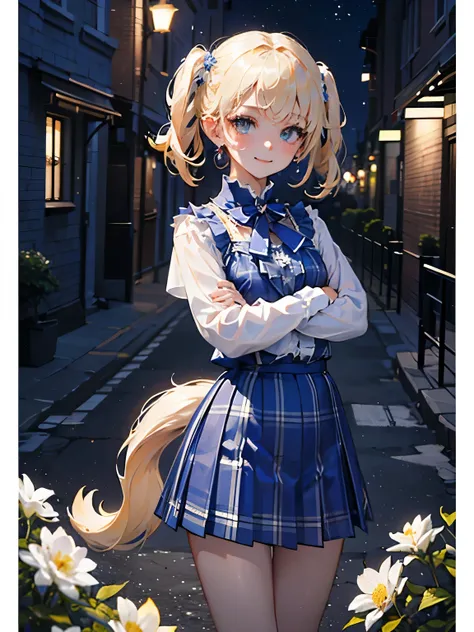 (masterpiece),(Best Quality:1.2),((perfect anatomy)),((cross your arms around your back)),(1 girl),(flat chest),Best Quality,(royal blue white plaid mini skirt:1.3),( sheer white blouse),(Blonde with Side Tail ),beautiful smile, The Walking Path Is Filled ...