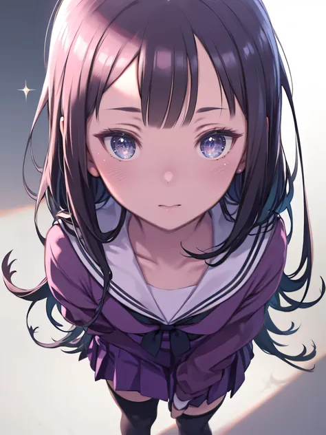 masterpiece, best quality, super detailed,  sparkling luster, Shining Light, ray tracing, Hi-Res, depth of writing, (perfect face, detailed face), 1 woman, Alone, Hmm , flat chest, sailor suit, Purple Shirt, purple skirt, black thigh high socks, standing
