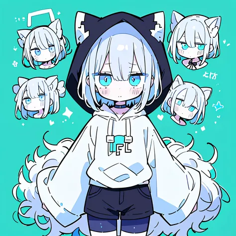 ( Masterpiece , top quality:1.6), Alone, Thick outline, ( simple background , geometric pattern background , black and white, Light green:1.2), Official Art, KEY VISUAL , 8k, disorganized , whole body, (Unique Hair, hoodie too big , hot pants, ...