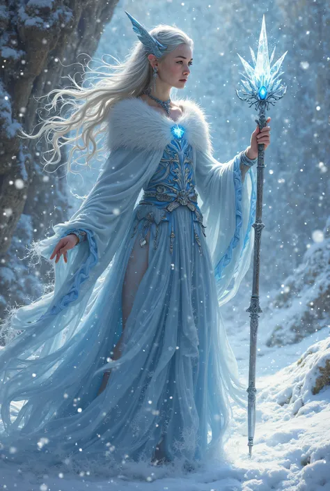 An ice elf, gray hair and blue eyes, and snow-white skin, is an ice and water wizard, with a setro with an ice gem, and with an ice dragon