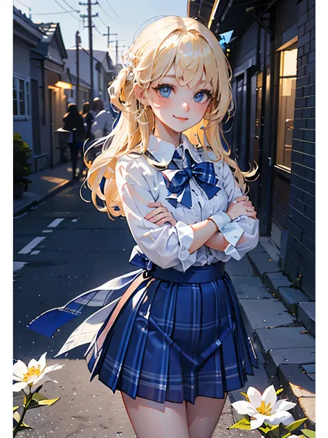 (masterpiece),(Best Quality:1.2),((perfect anatomy)),(( cross your arms a little)),(1 girl),(flat chest),Best Quality,(royal blue white plaid mini skirt:1.3),( sheer white blouse),(Blonde with Side Tail ),beautiful smile, The Walking Path Is Filled with Wh...