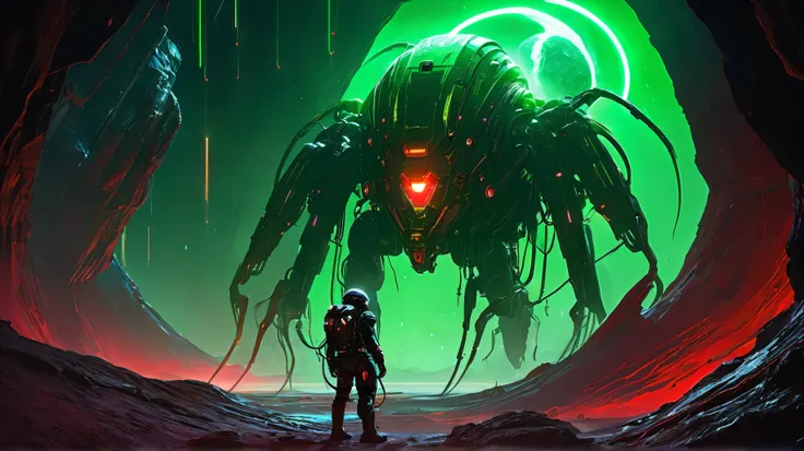 A massive pit in Omicron Mines, bio-cables spill out, Void Sphere glows green below a red Martian storm. Kael in ExoSuit, Mira with Neural Link, face a Specter Wraith-ghostly, scythe-arms gleaming-Dust Runner above, cyberpunk sci-fi aesthetic, eerie vastne...