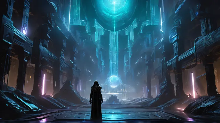 Specter Wraith projects a hologram of ancient Earth cities consumed by shadow in the Omicron pit. Kael grips Gauntlet, Mira scans with Neural Link, Void Sphere pulses, Martian dust swirls, cyberpunk sci-fi style, haunting blues and grays, historical weight...