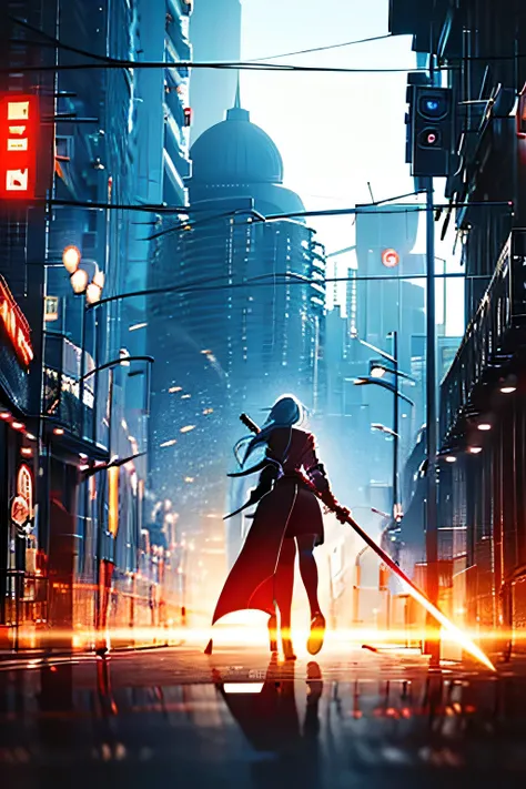 "Two cyber-enhanced warriors duel in a neon-lit alley of a futuristic city. One wields a glowing plasma katana, while the other brandishes an energy whip that crackles with electricity. Holographic advertisements and neon signs illuminate the rain-soaked p...