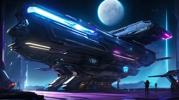 New Eden hangar, Lunar Fang-a sleek plasma-armed ship-gleams under lights. Kael with Gravity Module ExoSuit, Nyx with Null Blade, Mira syncs Neural Link, Echo Shard glows, team boards, cyberpunk sci-fi aesthetic, high-tech prep, stark contrasts, lunar hori...