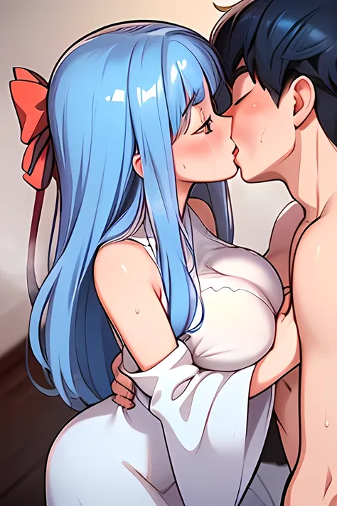 (((Kiss:1.6))),young couple,(((Man and woman staring at each other))),1Man, 1girl ,straight,/ 1 man ,black hair,/  2 Aoi kotonoha,(((milf))),(blue hair ribbon:1.4)),red eyes,(droopy eyes) ,(open pupil),blue hair ,very long hair,blunt bangs,((((tall to the ...