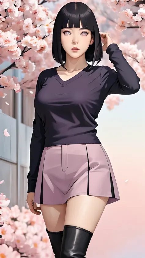 masterpiece, absurdities, Hinata\(boruto\), 1 , Alone, mature female, V-neck long sleeve t-shirt,  high waist short skirt, looking at the spectator, (falling petals), perfect composition,  detailed lips, big boobs, Pretty face, body ratio, Blush, (PINK LIP...