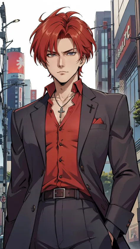 Toya, red hair, 1man, handsome man, mature man, (((shinjuku, tokyo))), long coat, suit, cross necklace, cool fashion, (((elegant man))), (((from front))) close up, no beard