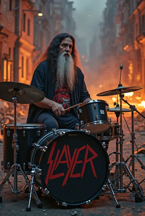 Half fat drummer, longye hair, white goatee, hooded dress, blouse with print of the band Slayer symbol, playing on his complete black two-tone drum kit, in the street of the war-torn city and in flames at night,  bodies of dead soldiers lying on the ground...