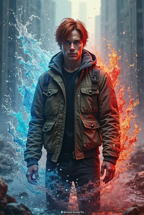 Faça um wallpaper HD 4K, Realistic image, man,  whole body, Young, age 23 years, medium red hair, fair skin, Violet Eyes, survival jacket clothing, using WATER AND BLOOD POWERS, powers to control surrounding water and blood. 