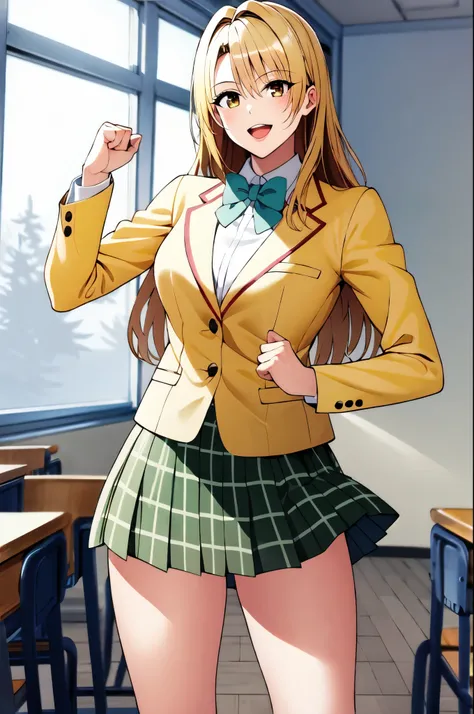 masterpiece, best quality, highres, 1girl, solo, long hair, blonde hair, brown eyes, school uniform, green bowtie, blazer, yellow jacket, long sleeves, plaid skirt, green skirt,thigh standing, cowboy shot, classroom, smile, rouge lips ,open mouth, raise up...