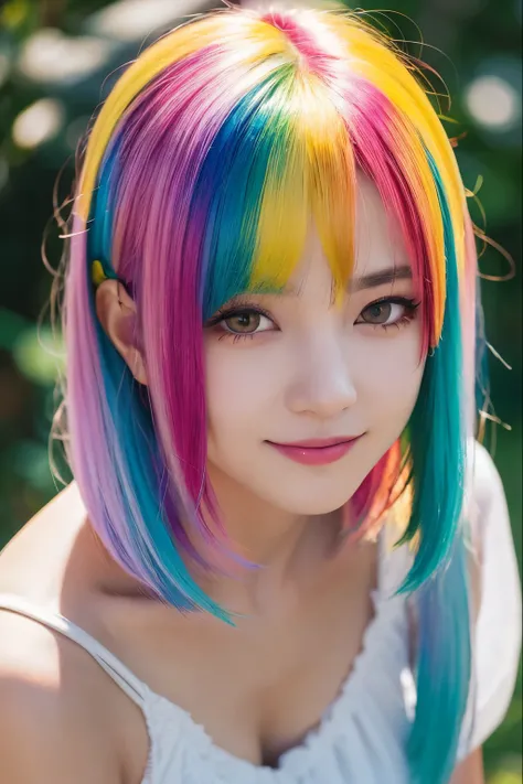 high quality,  realistic、Hi-Res,  realistic、8k、16k、masterpiece:1.4, Details.Impressive、Alone、 cutting-edge photo portrait of a woman、Expression of happiness、 cute face、 yellow、Cyan, and purple, ((Her colorful hair is gathered in a high position、Various hai...