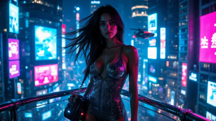 A young woman with long, flowing dark hair standing on a futuristic neon-lit balcony, wearing a tight-fitting ribbed romper with a deep neckline. The fabric shimmers with a metallic, high-tech texture, reflecting the vibrant neon lights around her. She has...