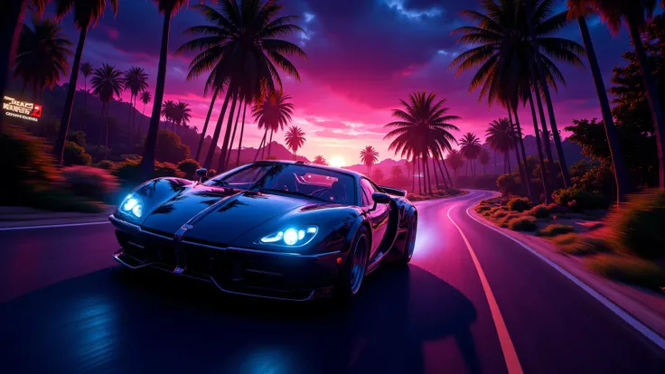 retrowave car road palms