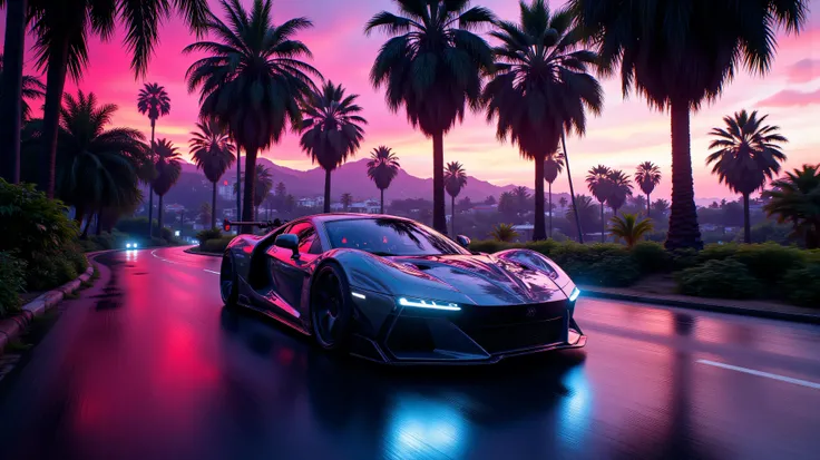 retrowave car road palms