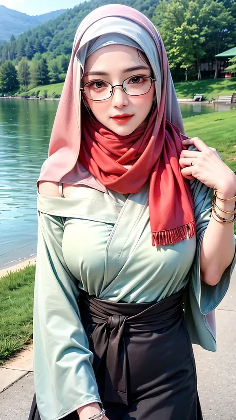 Professional, High level of detail, close up photo (attractive mature 45yo woman:1.3),ray tracing, natural lighting, (blushing:1.1 ), (classy, Elegant, dandy)1.2, (white colour), perfect face, hijab, flower kimono off shoulder, red melton skirt, (((glasses...