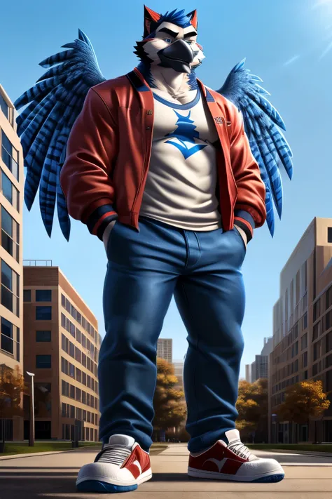 anthro bird(blue jay), athletic, (slim body), (black eyebrows), (perfect eyes), blue feathers, wings, (artist:takemoto arashi), (jock), standing, Sneakers, (Black beard), (Civil, College jacket, t-shirt, pants) ((Macro, Emphasize, stands next to buildings)...