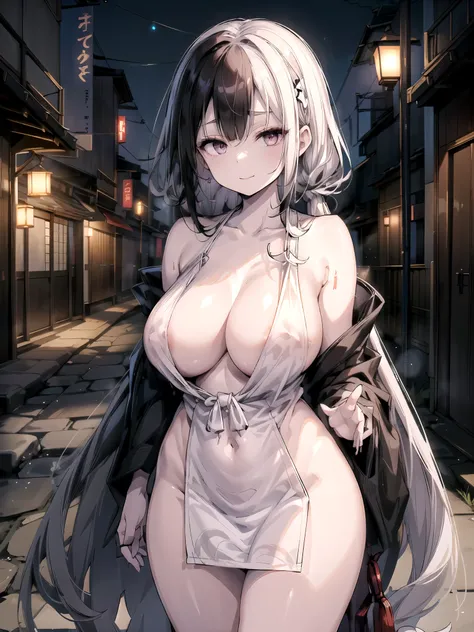 1 person.(pale skin:1.16),evil smiling,long hair. (Black colored hair).droopy eyes.Alluring. mature woman .  white clothes,(The kimono is all white).I can see my cleavage, MYSTERIOUS WOMAN .(big sagging boobs:1.55). VERY TALL , hypo..Unlucky.Alley at night...