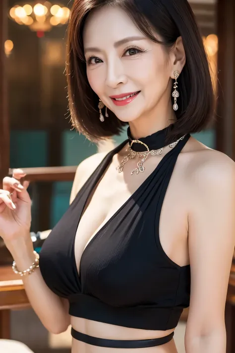 ７９ years old　Mom　MILF　Chinese Lady　large earring　Big choker　navel piercing decoration　A bracelet　realisitic　Gorgeous Madame Beautiful Mature Woman　sexy　Smile　Gentle woman navel piercing　４K　High quality