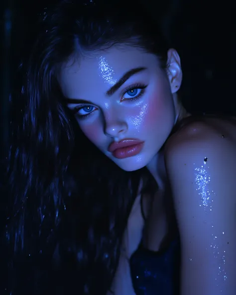 A stunningly beautiful young woman with very long jet-black hair, straight black hair with light waves and bright sky blue eyes that shine, Seductively sideways with water on her face you can see butterflies and raindrops detailed and shining with blue nig...