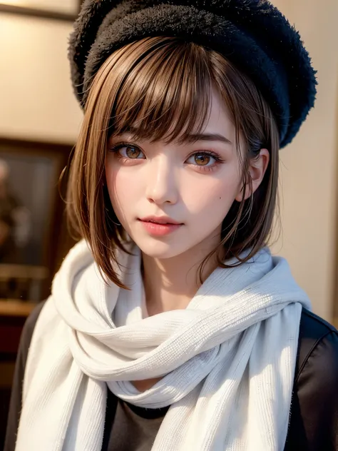 (masterpiece, Best Quality、The beautiful appearance of an adult woman 、Adding intense highlights to the eyes),1 girl, solo,  dark-haired,  scarf, hat,, realistic, watching viewers, Light-coloured black eyes, short hair,  comments, Winter clothes, White hea...